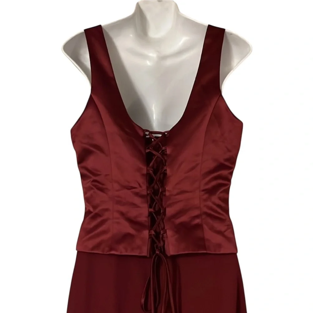 Rebecca Women’s Burgundy Merlot Dark Red Beaded Satin Sheer Formal Prom Gown L